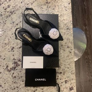 Chanel black and white grosgrain sling backs